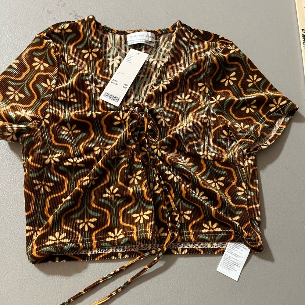 Urban Outfitters Brown Green Gold Patterned Tie-Front Crop Top - Picture 1 of 7